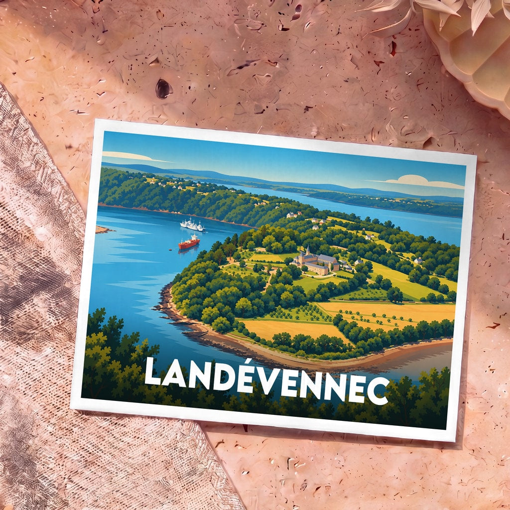 Carte postale souvenir de la ville de Landévennec avec une illustration stylisée d'un paysage côtier breton.