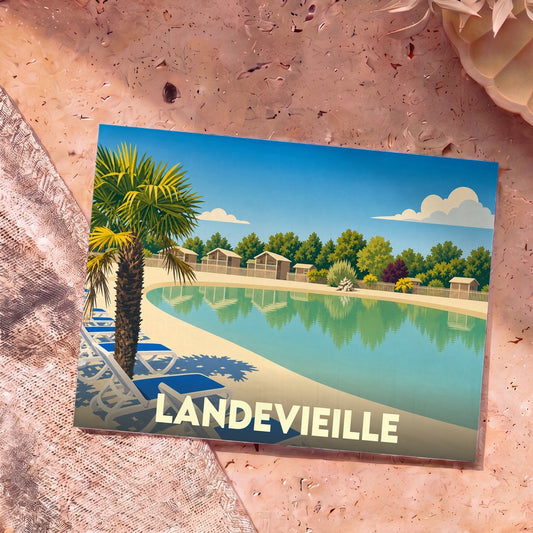 Carte postale souvenir de la ville de Landevieille avec une illustration stylisée d'une piscine bordée de palmiers et de bungalows.