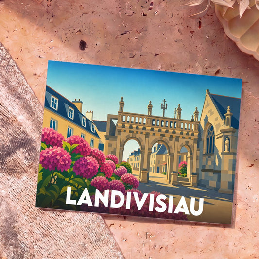Carte postale souvenir de la ville de Landivisiau avec une illustration stylisée d'un monument historique et d'hortensias.