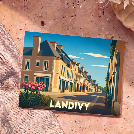 Carte postale souvenir de la ville de Landivy avec une illustration stylisée d'une rue commerçante.