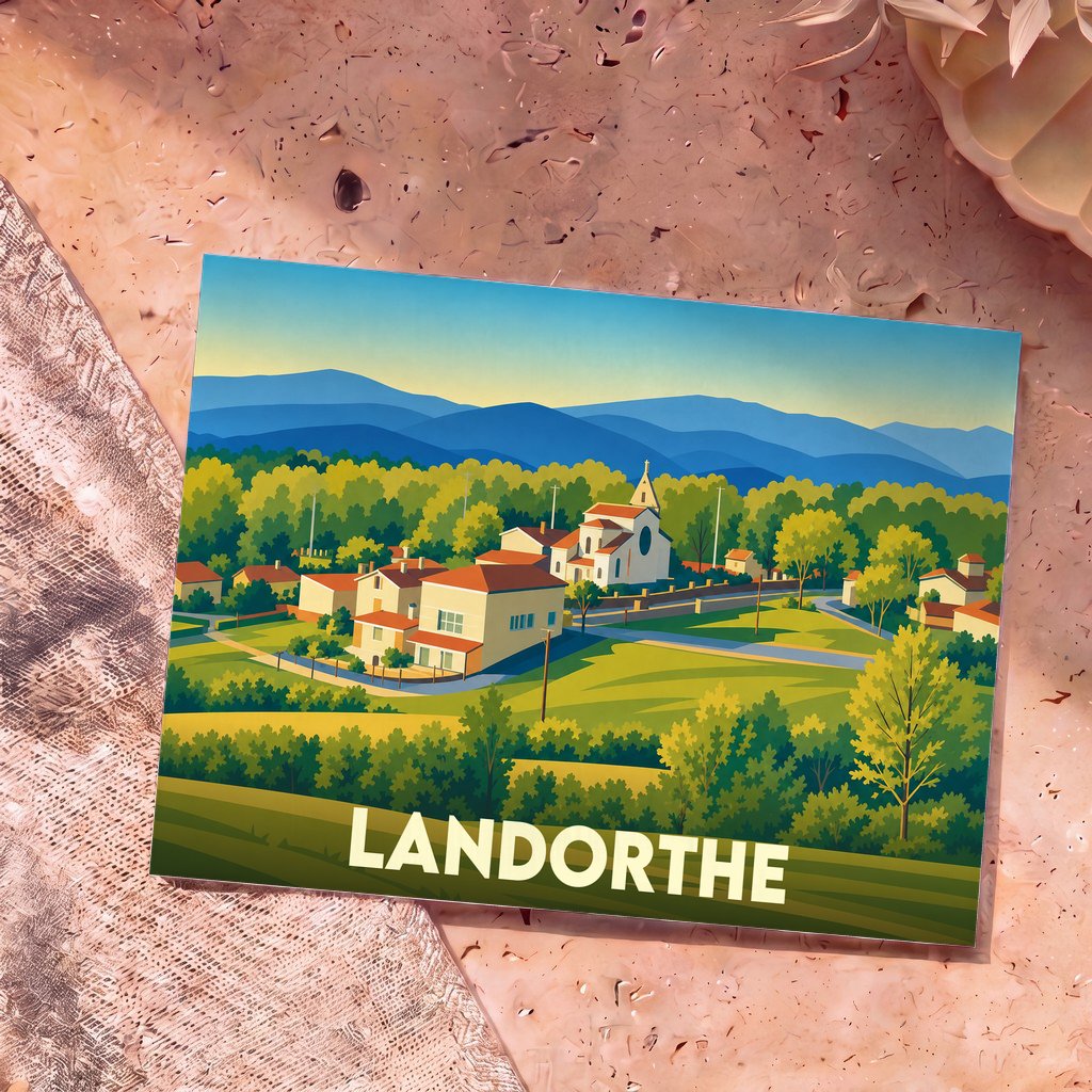 Carte postale souvenir de la ville de Landorthe avec une illustration stylisée de son paysage vallonné et de ses bâtiments typiques.
