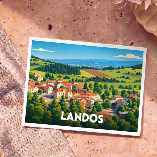 Carte postale souvenir de la ville de Landos avec une illustration stylisée d'un paysage de campagne vallonné.