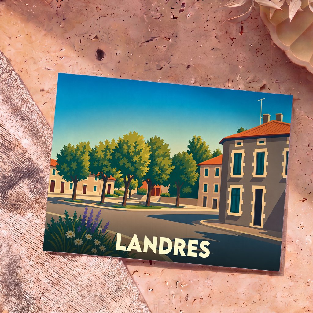 Carte postale souvenir de la ville de Landres illustrée par un dessin stylisé de sa place arborée et de ses bâtiments.