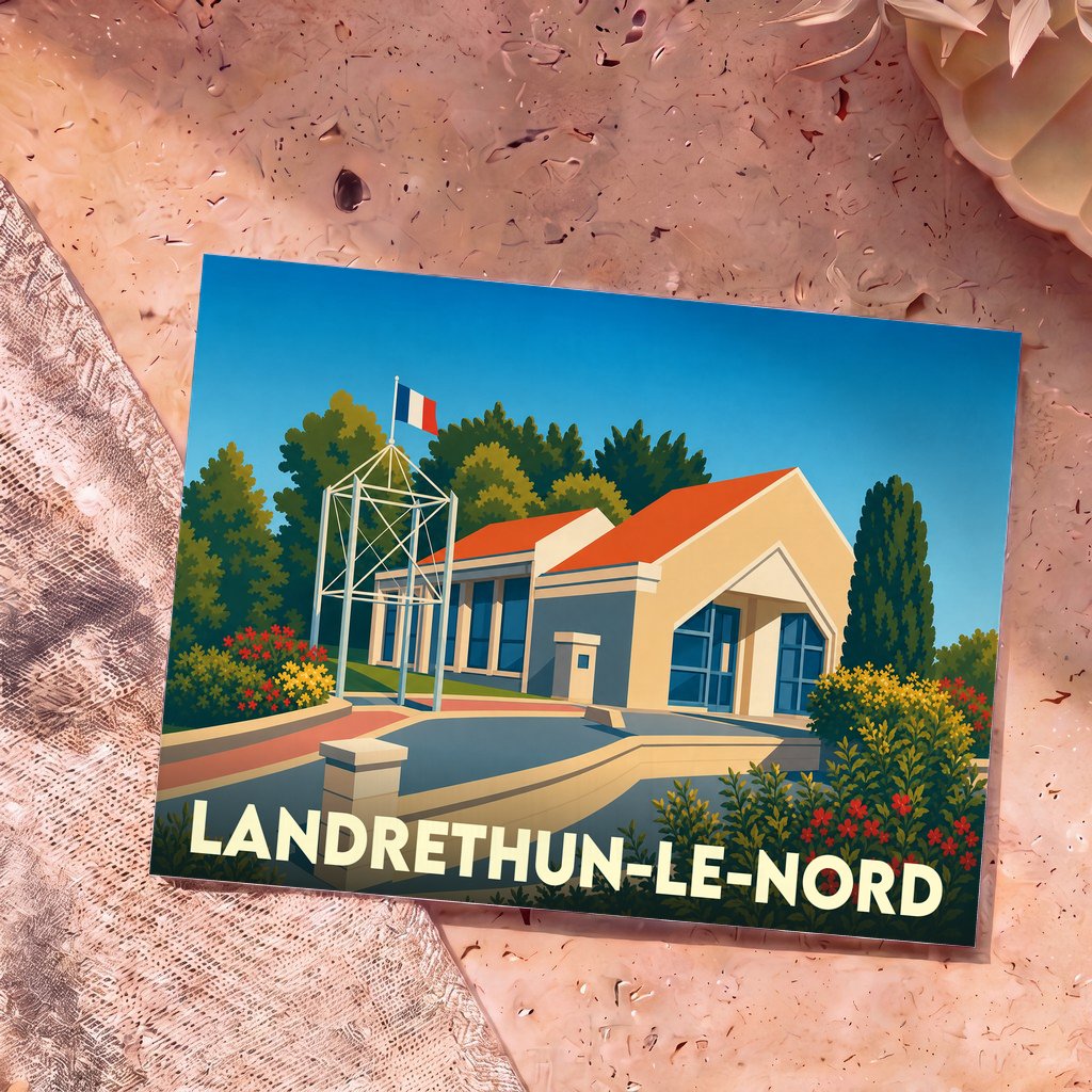 Carte postale souvenir de la ville de Landrethun-le-Nord avec une illustration stylisée d'un bâtiment communal sous un drapeau français.