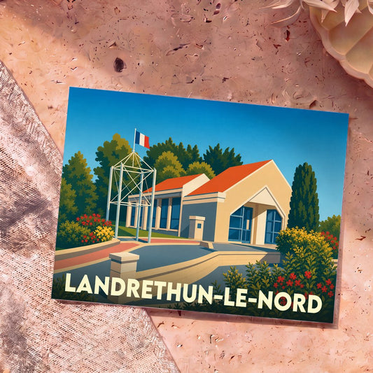 Carte postale souvenir de la ville de Landrethun-le-Nord avec une illustration stylisée d'un bâtiment communal sous un drapeau français.