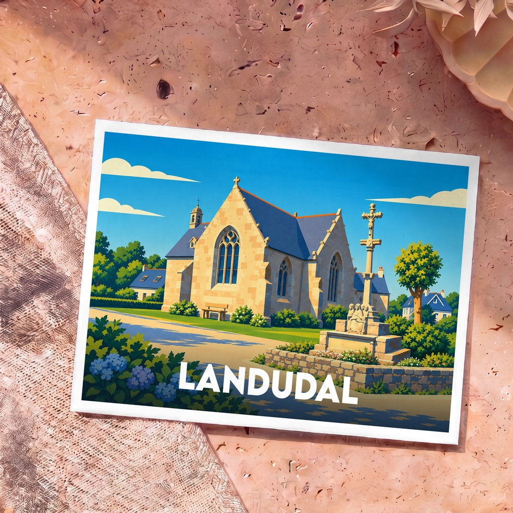 Carte postale souvenir de la ville de Landudal avec une illustration stylisée de son église et de son calvaire.