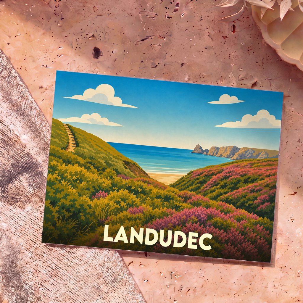 Carte postale souvenir de la ville de Landudec avec une illustration stylisée d'un paysage côtier fleuri.
