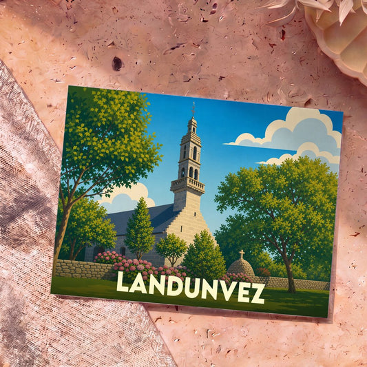 Carte postale souvenir de la ville de Landunvez avec une illustration stylisée de son église bretonne.
