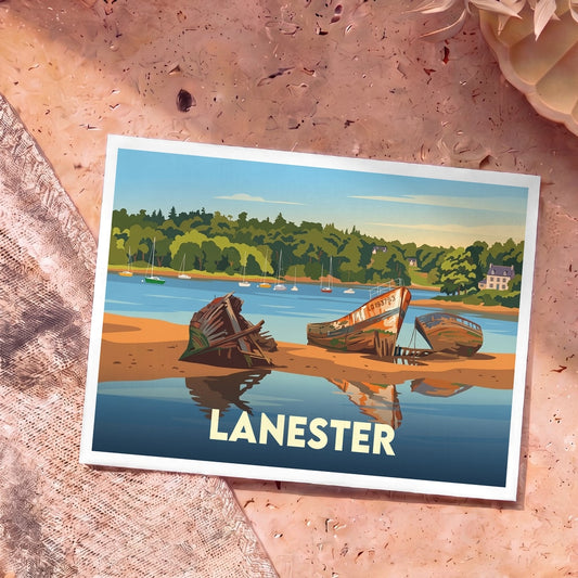 Carte postale souvenir de la ville de Lanester illustrant le cimetière de bateaux de Kerhervy dans un style graphique épuré.
