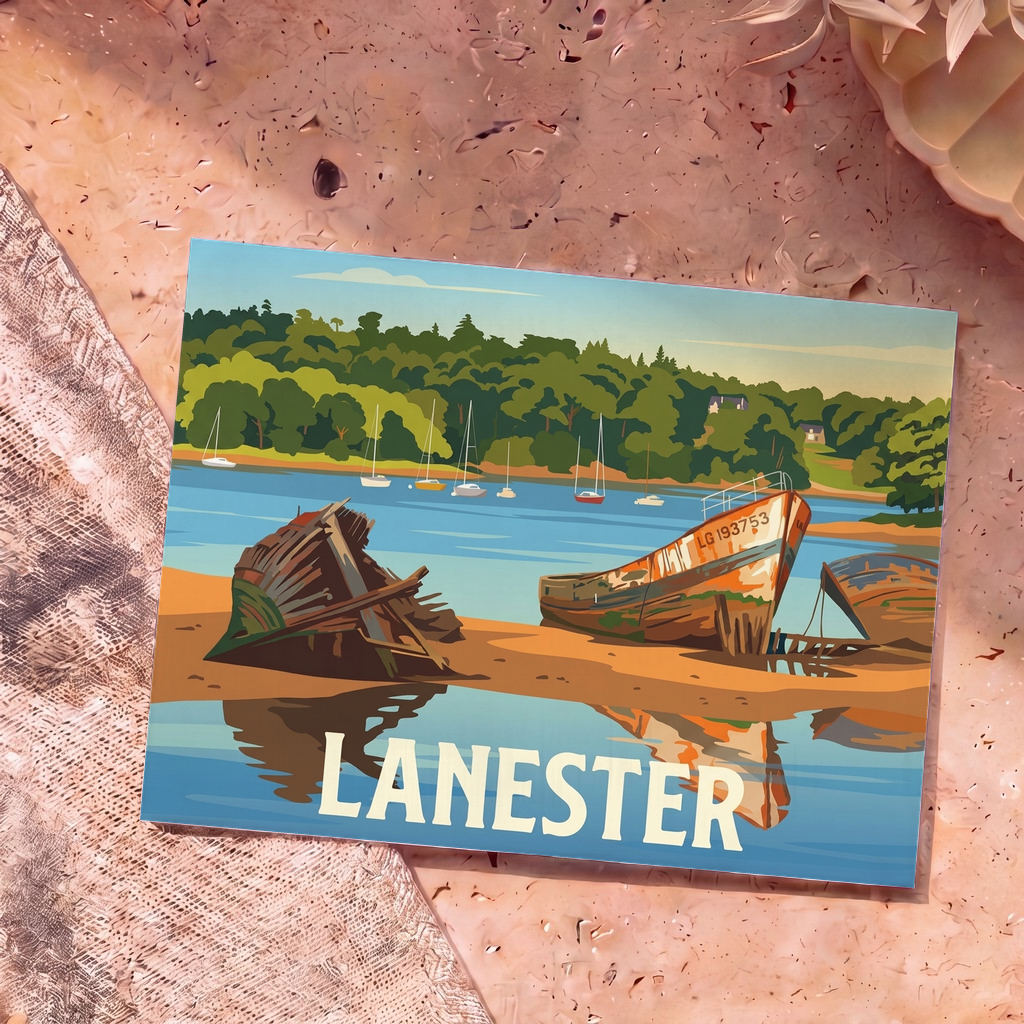 Carte postale souvenir de la ville de Lanester illustrant le cimetière de bateaux de Kerhervy dans un style graphique épuré.