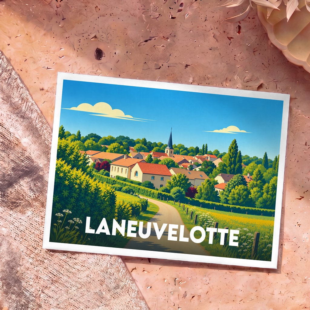 Carte postale souvenir de la ville de Laneuvelotte avec une illustration stylisée d'un village champêtre.