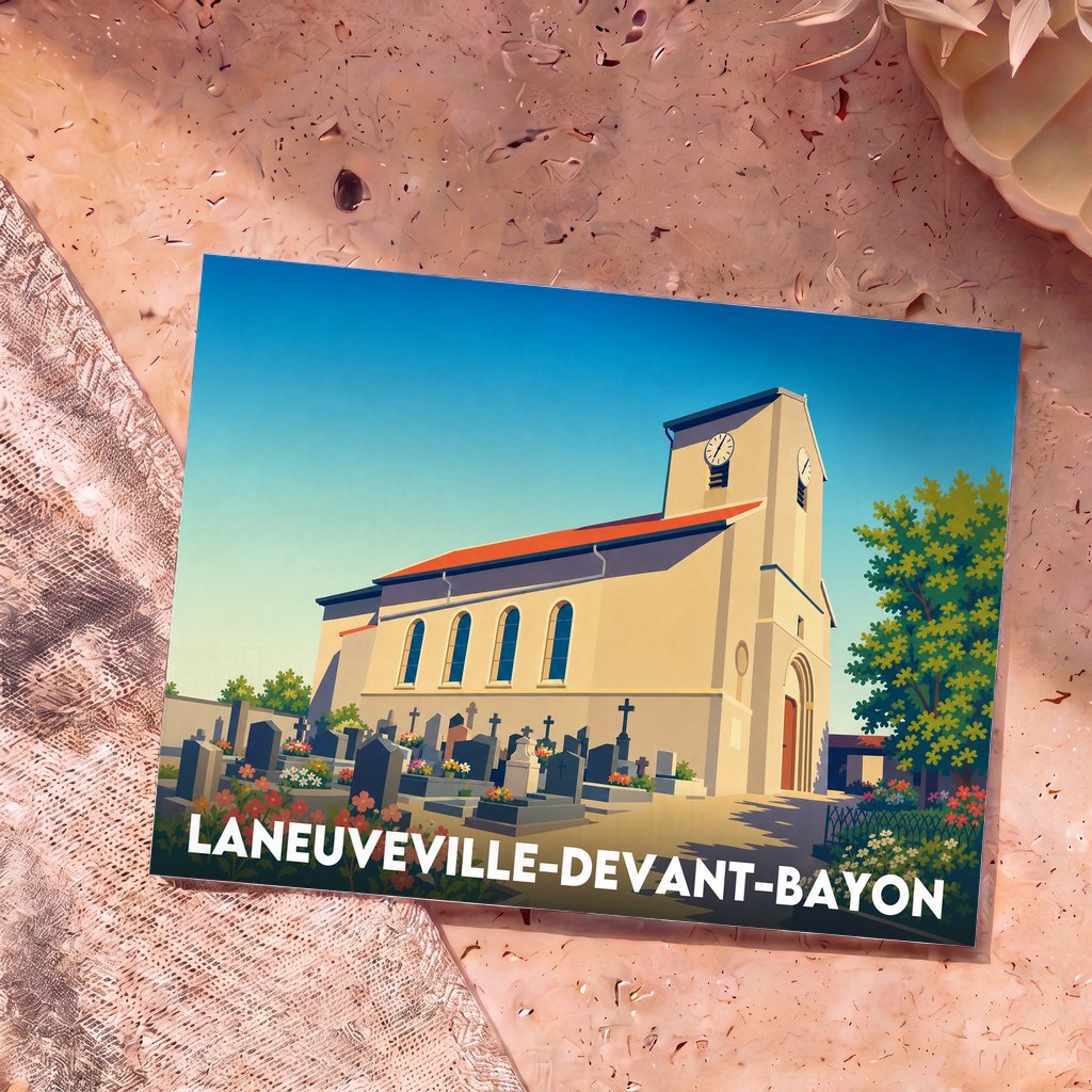 Carte postale souvenir de la ville de Laneuveville-devant-Bayon avec une illustration stylisée de son église et de son cimetière.