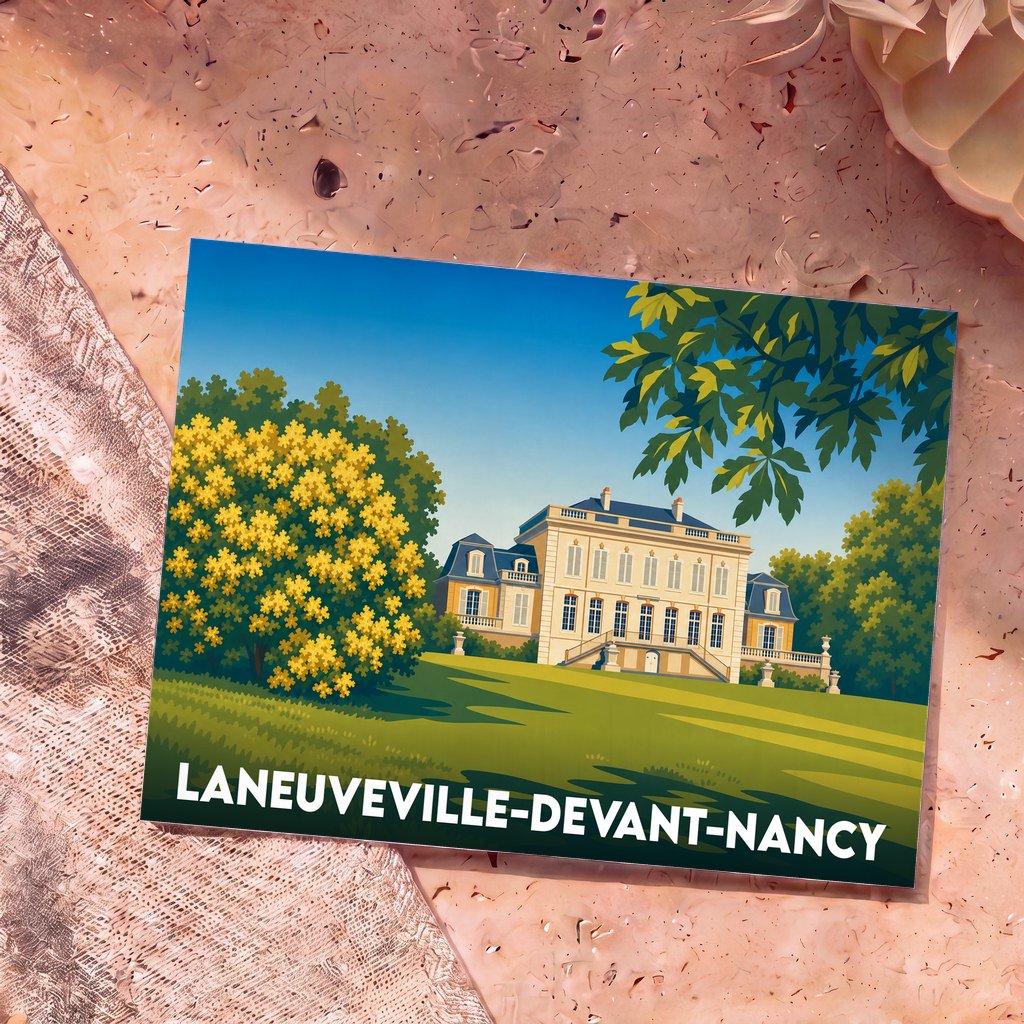 Carte postale souvenir de la ville de Laneuveville-devant-Nancy avec une illustration stylisée d'un château.