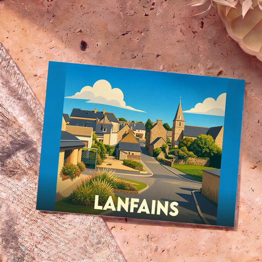 Carte postale souvenir de la ville de Lanfains avec une illustration stylisée.