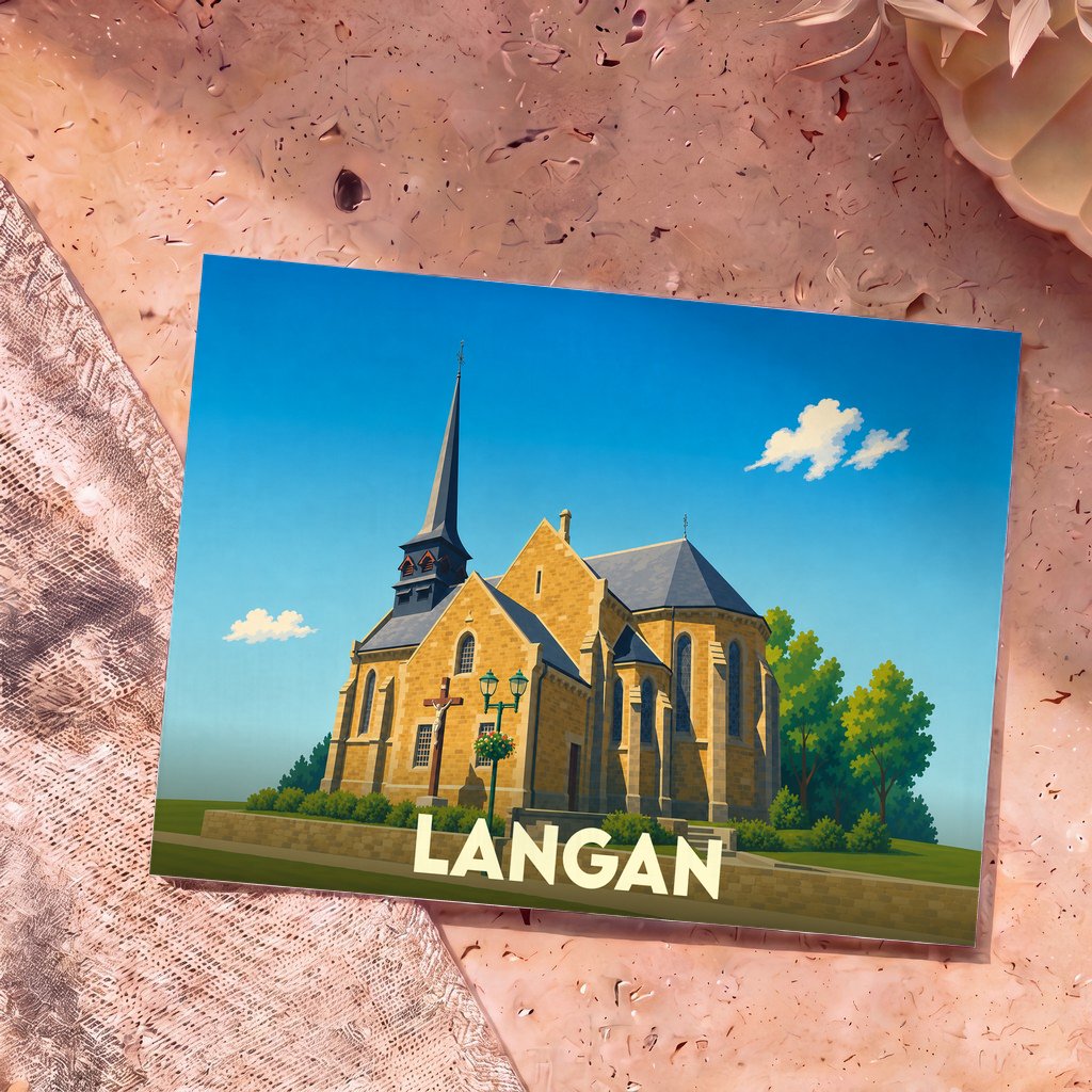 Carte postale souvenir de la ville de Langan avec une illustration stylisée de son église sous un ciel bleu.