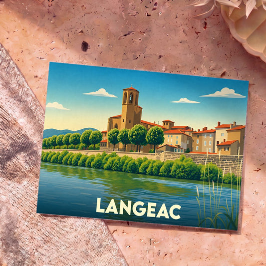 Carte postale souvenir de la ville de Langeac avec une illustration stylisée d'un paysage fluvial et de son église.