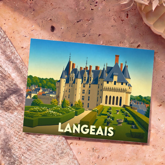 Carte postale souvenir de la ville de Langeais avec une illustration stylisée de son château et de ses jardins.