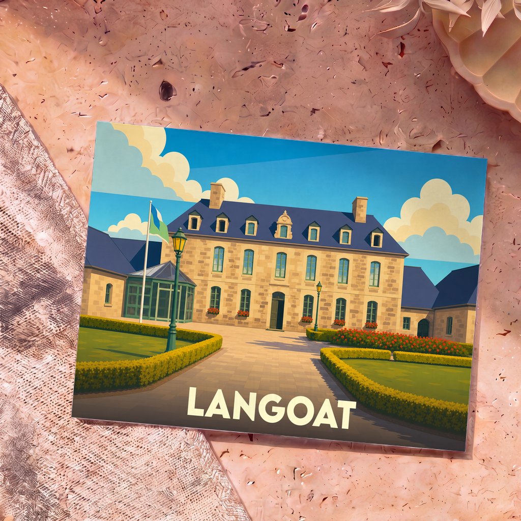 Carte postale souvenir de la ville de Langoat avec une illustration stylisée d'un manoir breton en pierre.