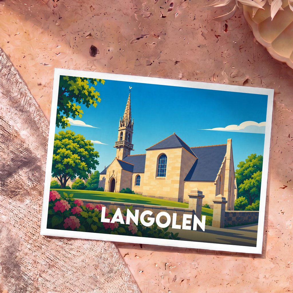 Carte postale souvenir de la ville de Langolen avec une illustration stylisée d'une église bretonne.