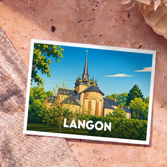 Carte postale souvenir de la ville de Langon avec une illustration stylisée de son église entourée de verdure.