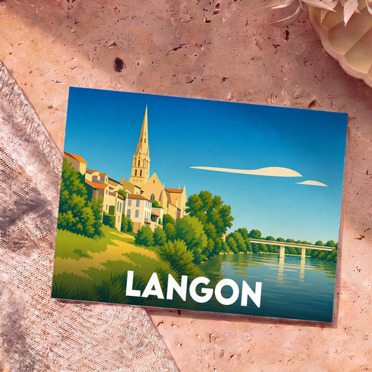 Carte postale souvenir de la ville de Langon avec une illustration stylisée des bords de la Garonne et de l'église Saint-Gervais.
