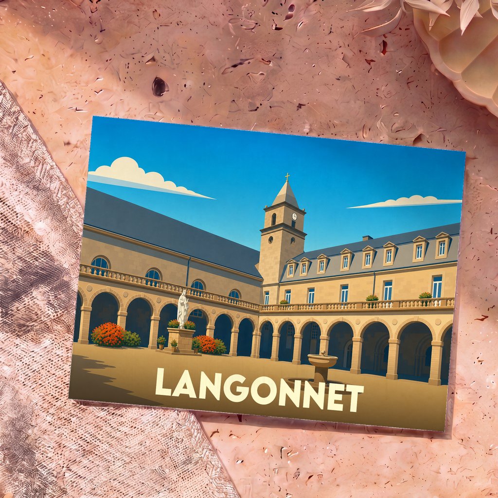 Carte postale souvenir de la ville de Langonnet avec une illustration stylisée de son abbaye.