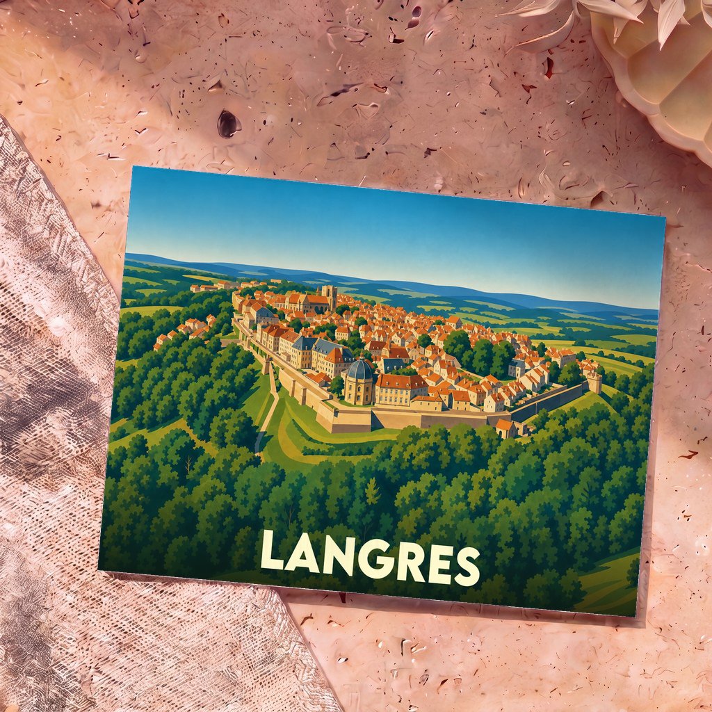 Carte postale souvenir de la ville de Langres avec une illustration stylisée montrant la cité fortifiée entourée de verdure.