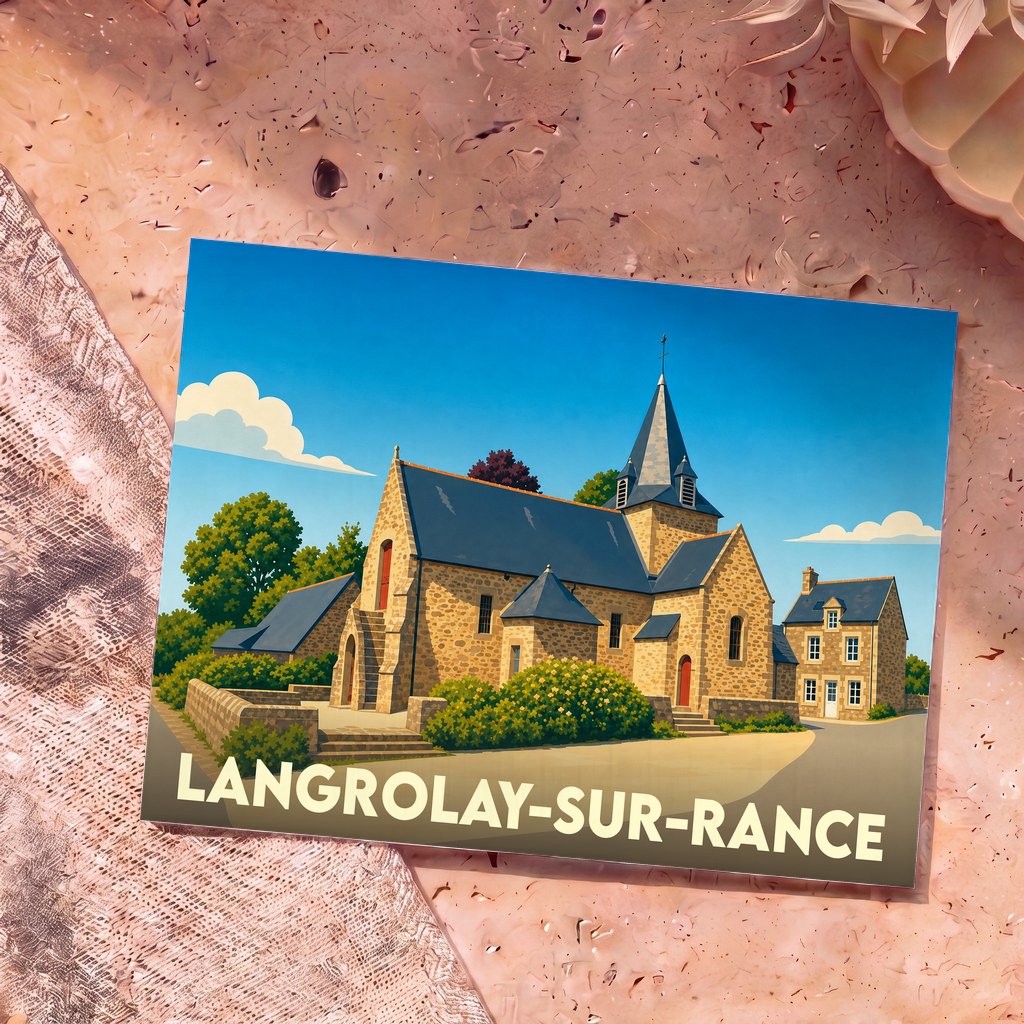 Carte postale souvenir de la ville de Langrolay-sur-Rance avec une illustration stylisée de son église en pierre.