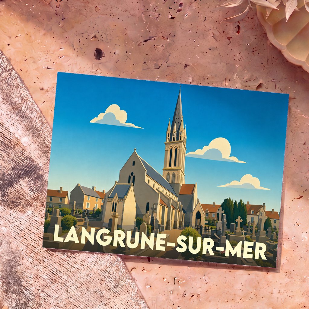 Carte postale souvenir de Langrune-sur-Mer illustrant son église et son cimetière dans un style graphique épuré.