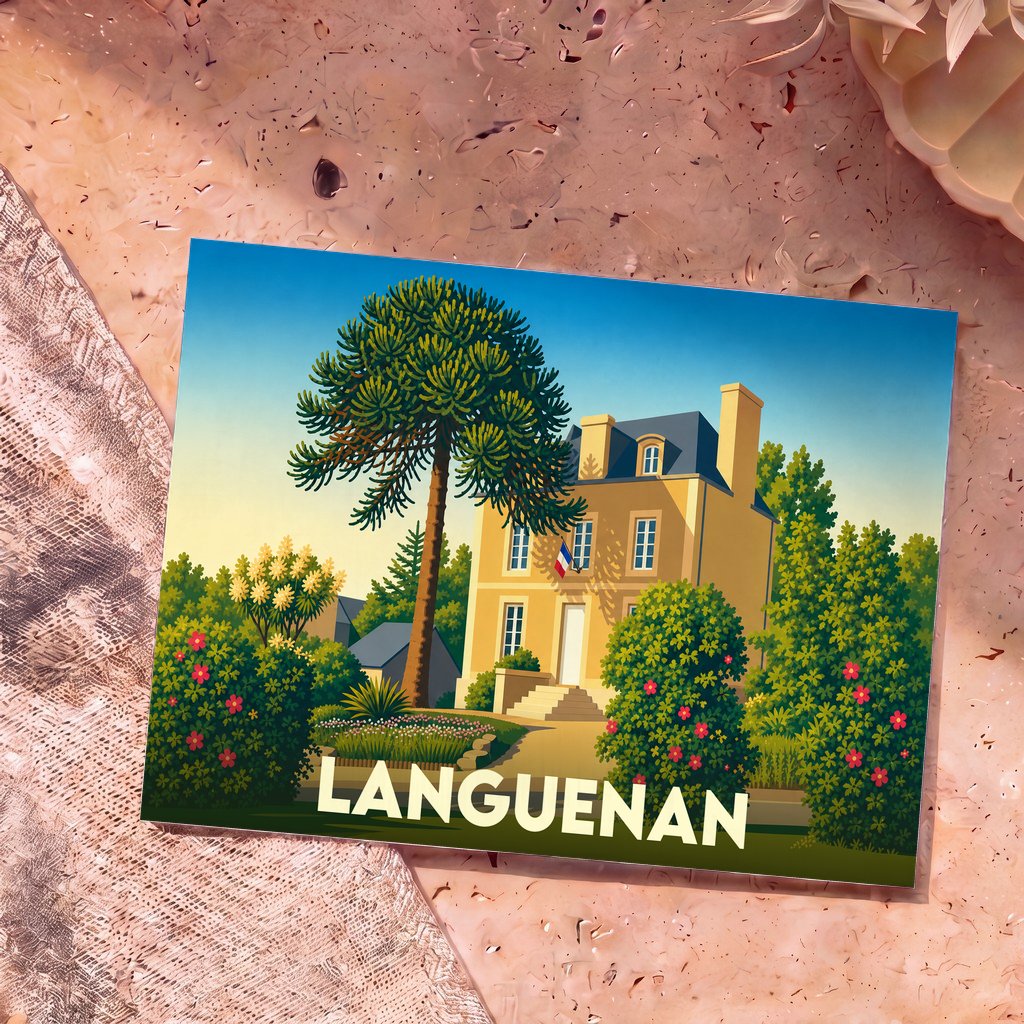 Carte postale souvenir de la ville de Languenan avec une illustration colorée et stylisée d'une maison de maître bretonne.