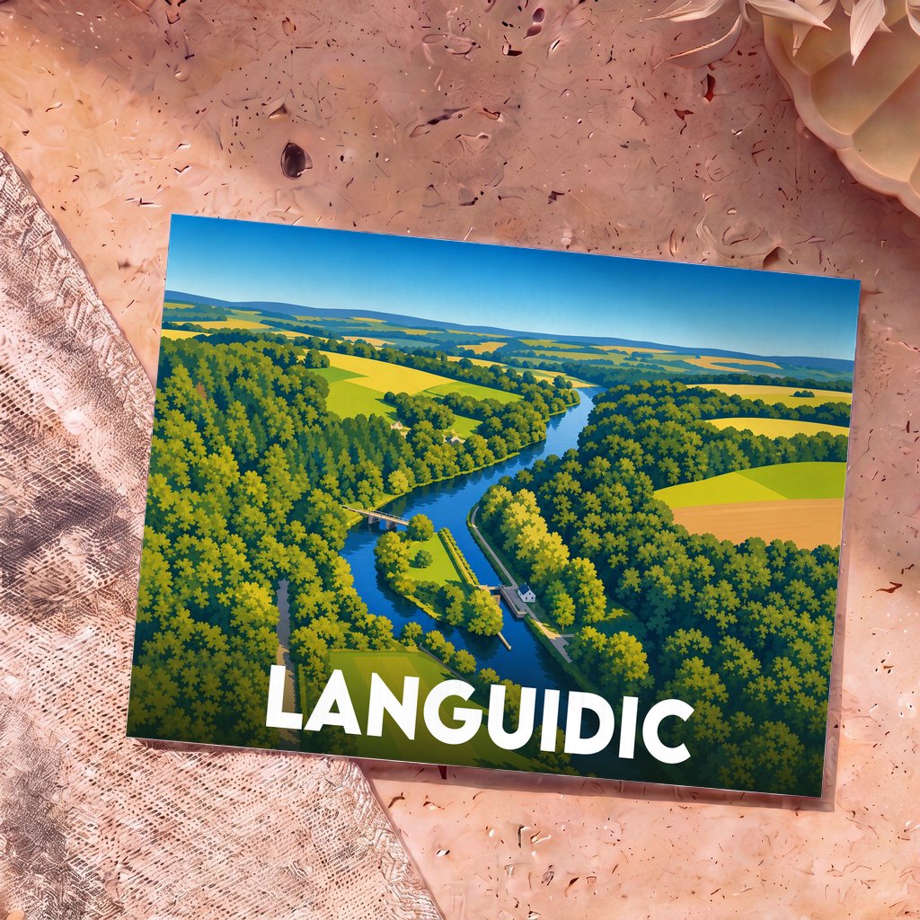 Carte postale souvenir de la ville de Languidic avec une illustration stylisée représentant un paysage de rivière et de campagne.