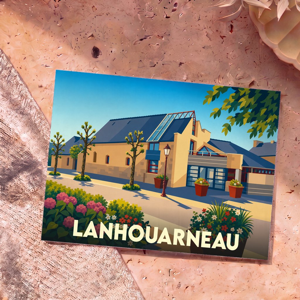 Carte postale souvenir de la ville de Lanhouarneau avec une illustration stylisée et colorée de son architecture.