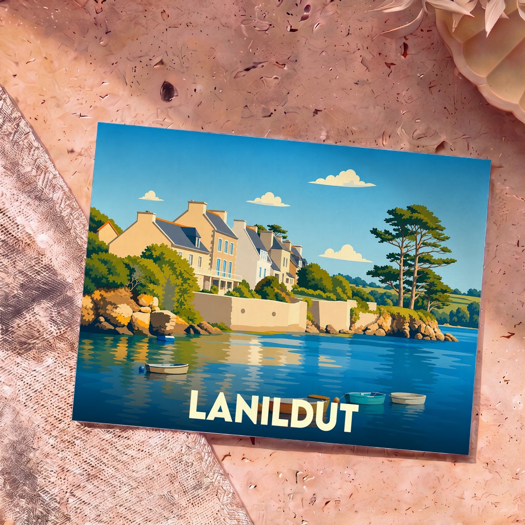 Carte postale souvenir de la ville de Lanildut avec une illustration stylisée de son front de mer.