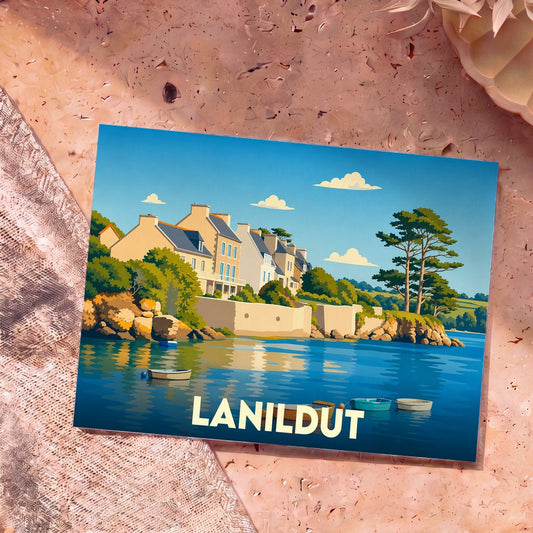Carte postale souvenir de la ville de Lanildut avec une illustration stylisée de son front de mer.