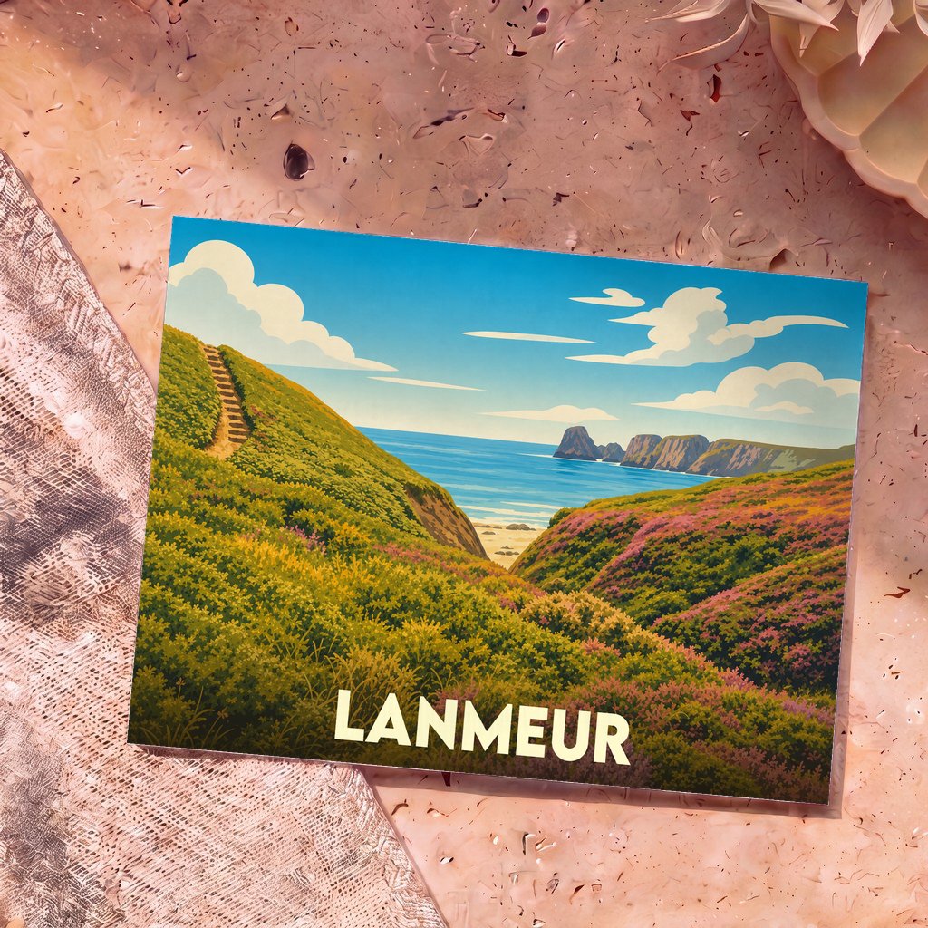 Carte postale souvenir de la ville de Lanmeur avec une illustration stylisée d'un paysage côtier fleuri.