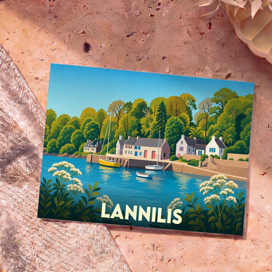 Carte postale souvenir de la ville de Lannilis avec une illustration stylisée d'un port breton bordé d'arbres.