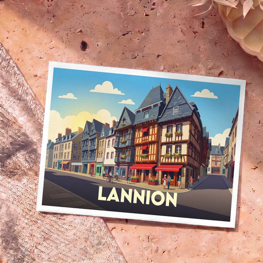 Carte postale souvenir de la ville de Lannion illustrant ses maisons à colombages dans un style graphique épuré.