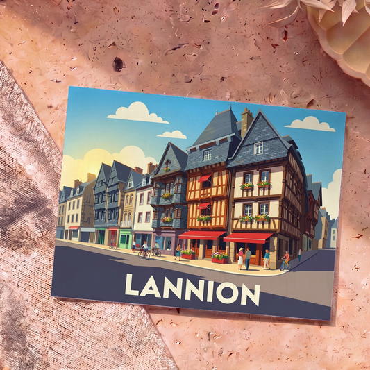 Carte postale souvenir de la ville de Lannion illustrant ses maisons à colombages dans un style graphique épuré.