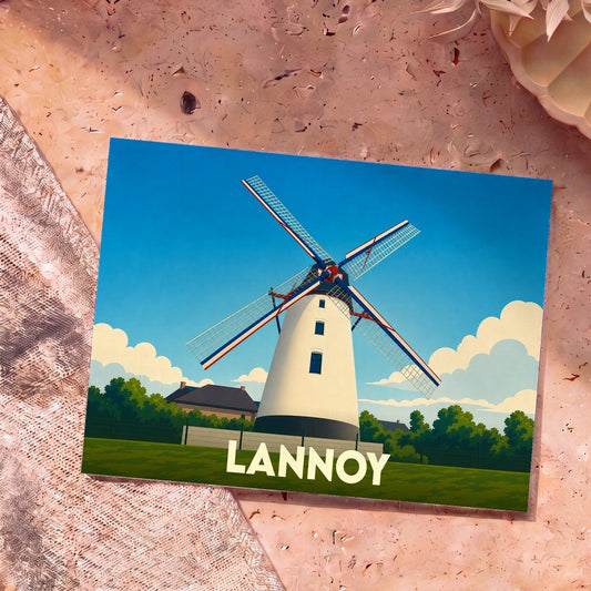Carte postale souvenir de la ville de Lannoy illustrant un moulin stylisé sous un ciel bleu.