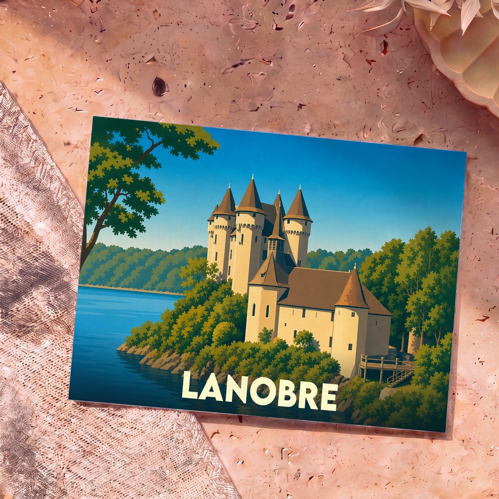 Carte postale souvenir de la ville de Lanobre avec une illustration stylisée du château de Val au bord de l'eau.