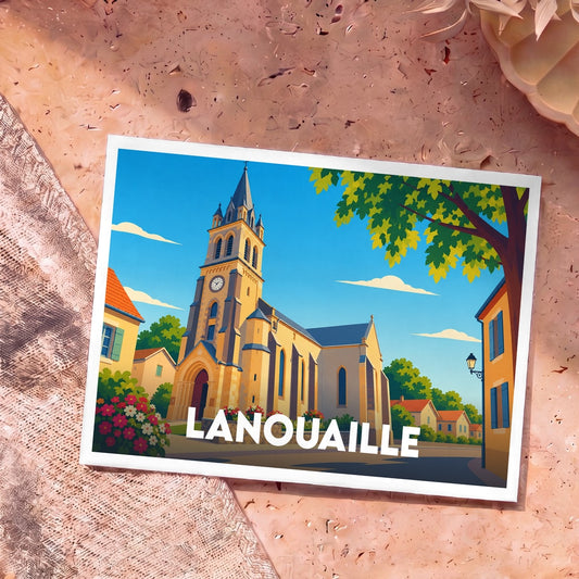 Carte postale souvenir de la ville de Lanouaille avec une illustration stylisée de son église sous un ciel bleu.