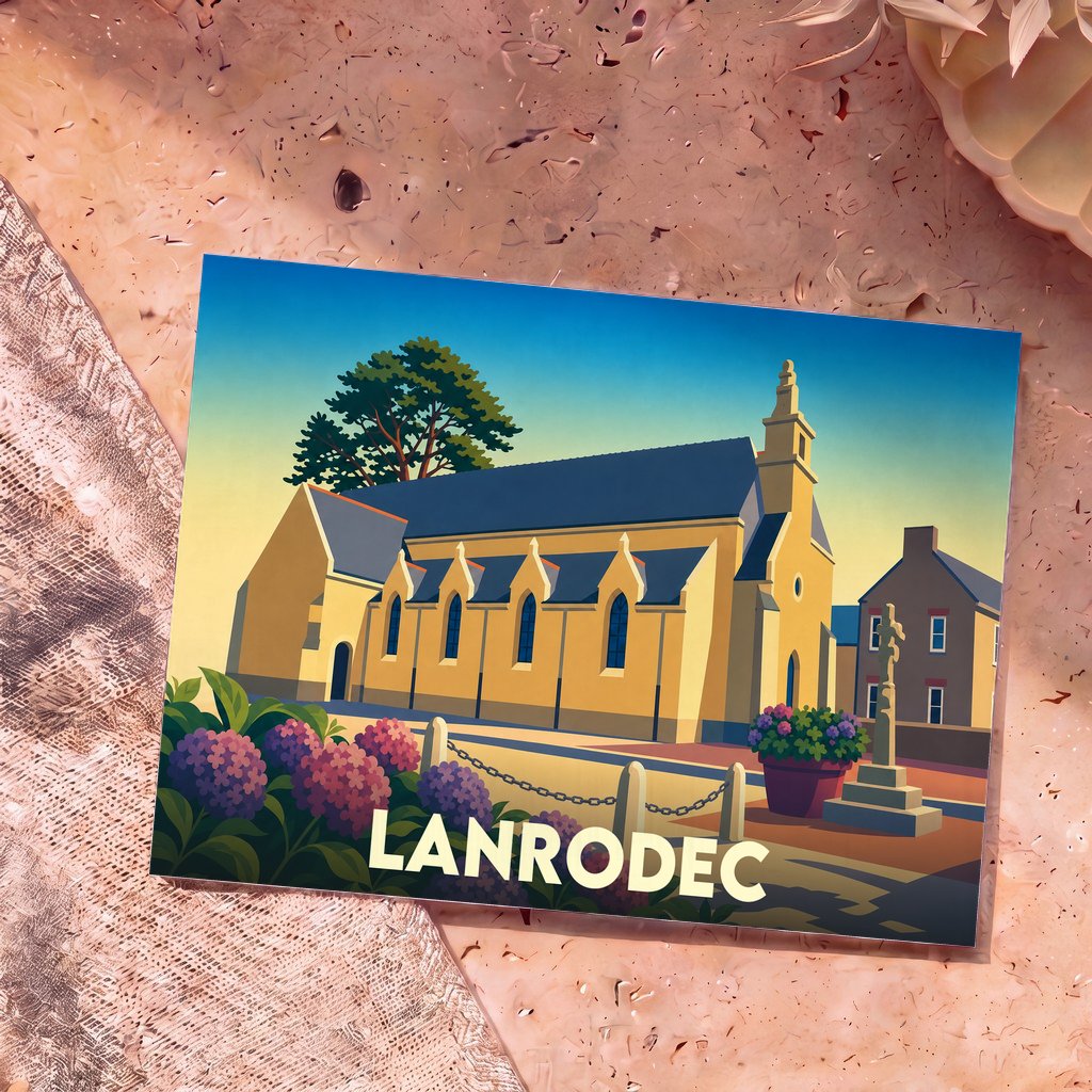 Carte postale souvenir de la ville de Lanrodec avec une illustration stylisée de son église et de ses hortensias.