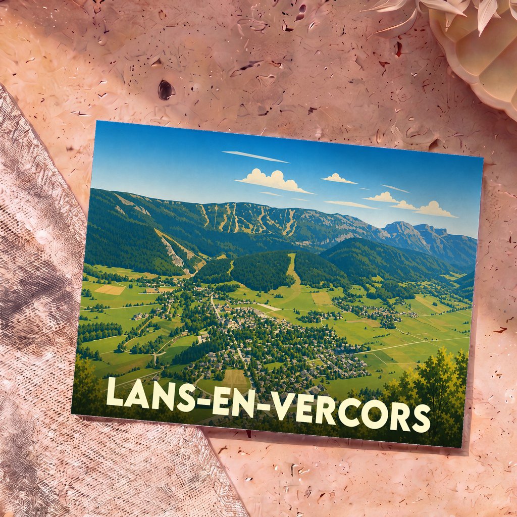 Carte postale souvenir de la ville de Lans-en-Vercors illustrant un paysage de montagne verdoyant.