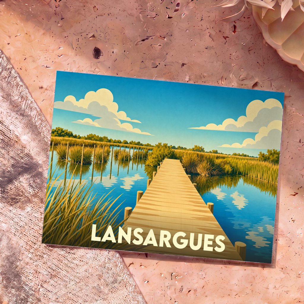 Carte postale souvenir de la ville de Lansargues avec une illustration stylisée d'un ponton sur un étang.