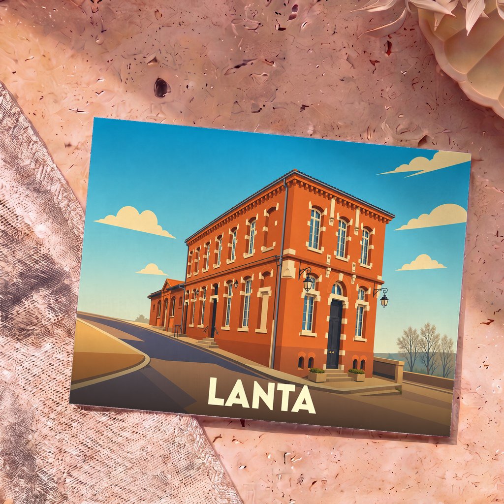 Carte postale souvenir de la ville de Lanta avec une illustration stylisée d'un bâtiment en briques rouges.