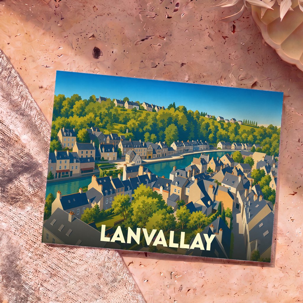 Carte postale souvenir de la ville de Lanvallay avec une illustration stylisée et colorée de ses maisons au bord de l'eau.