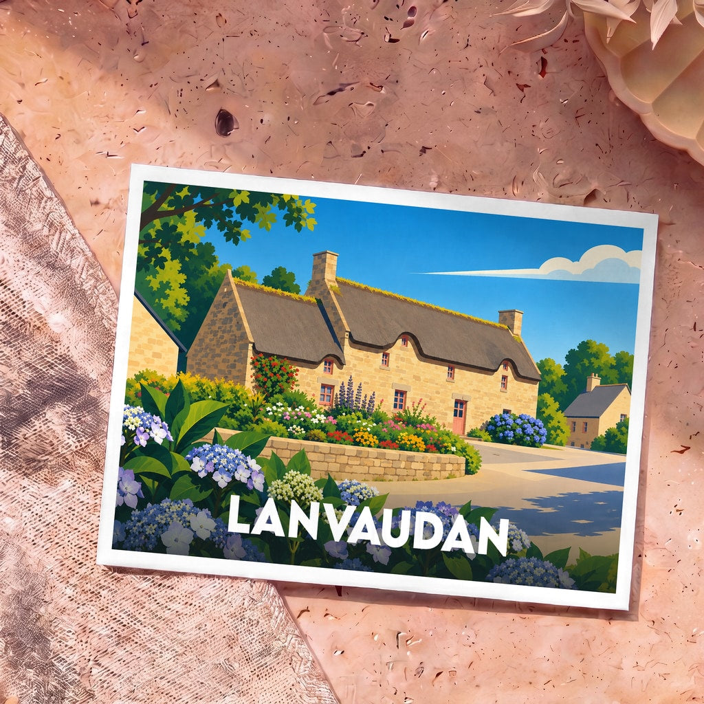 Carte postale souvenir de la ville de Lanvaudan illustrant une chaumière traditionnelle en pierre entourée de fleurs colorées.