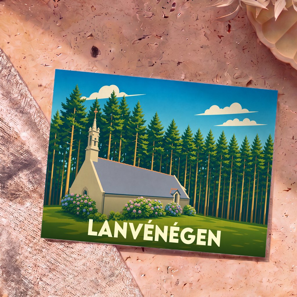 Carte postale souvenir de la ville de Lanvénégen avec une illustration stylisée d'une chapelle entourée de pins et d'hortensias.