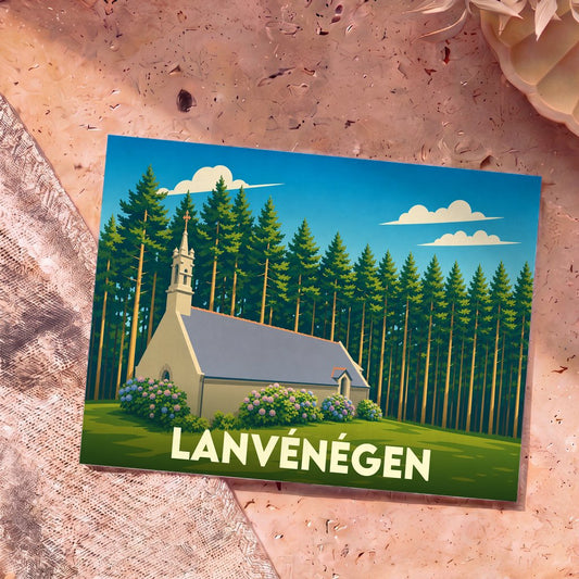 Carte postale souvenir de la ville de Lanvénégen avec une illustration stylisée d'une chapelle entourée de pins et d'hortensias.