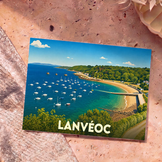 Carte postale souvenir de la ville de Lanvéoc avec une illustration stylisée d'un port de plaisance.